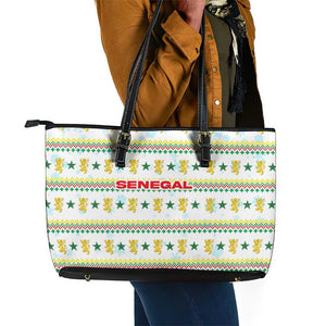 Senegal Christmas Leather Tote Bag Golden Lion and Festive Stars Motif - African Pride