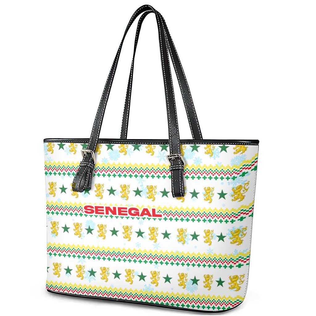Senegal Christmas Leather Tote Bag Golden Lion and Festive Stars Motif - African Pride