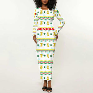 Senegal Christmas Long Sleeve Bodycon Dress Golden Lion and Festive Stars Motif - African Pride