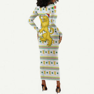 Senegal Christmas Long Sleeve Bodycon Dress Golden Lion and Festive Stars Motif - African Pride