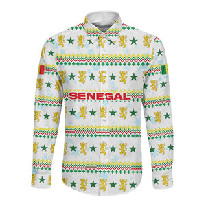 Senegal Christmas Long Sleeve Button Shirt Golden Lion and Festive Stars Motif - African Pride