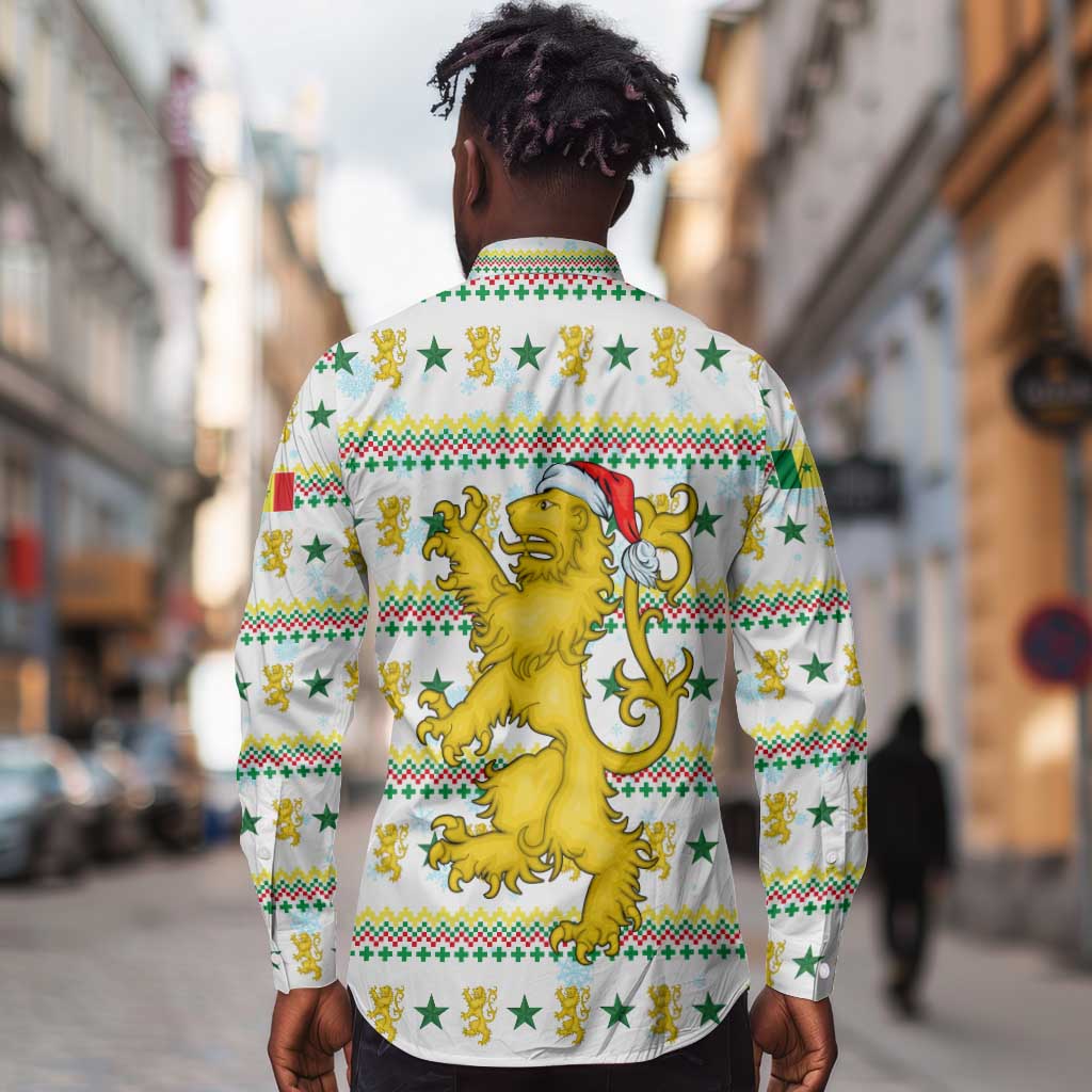 Senegal Christmas Long Sleeve Button Shirt Golden Lion and Festive Stars Motif - African Pride
