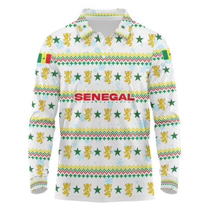Senegal Christmas Long Sleeve Polo Shirt Golden Lion and Festive Stars Motif - African Pride
