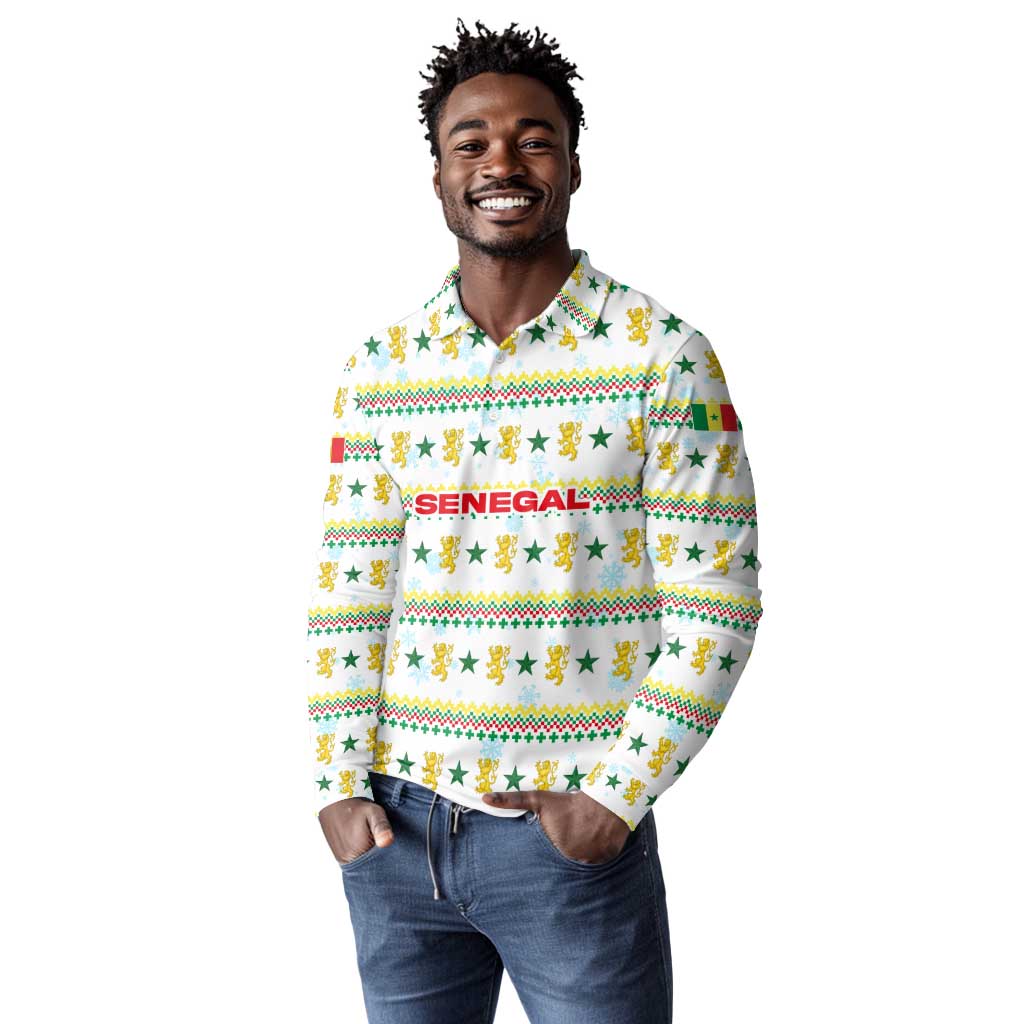 Senegal Christmas Long Sleeve Polo Shirt Golden Lion and Festive Stars Motif - African Pride