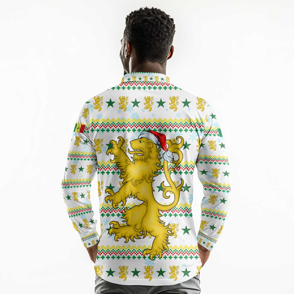 Senegal Christmas Long Sleeve Polo Shirt Golden Lion and Festive Stars Motif - African Pride