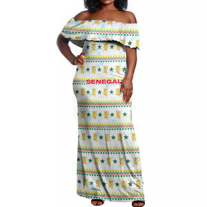 Senegal Christmas Off Shoulder Maxi Dress Golden Lion and Festive Stars Motif - African Pride