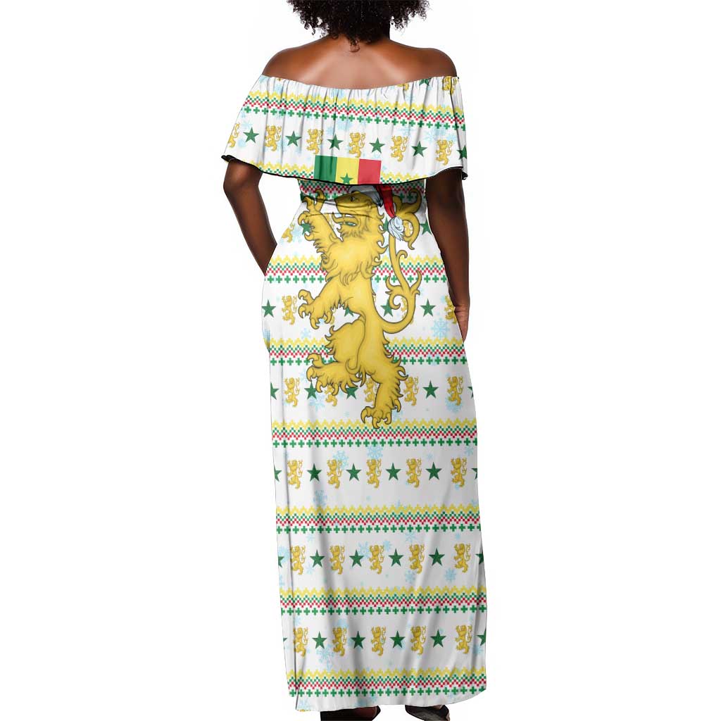 Senegal Christmas Off Shoulder Maxi Dress Golden Lion and Festive Stars Motif - African Pride