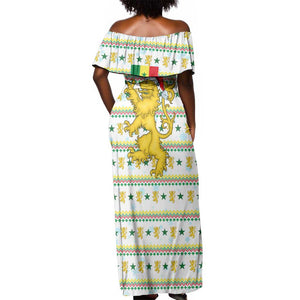 Senegal Christmas Off Shoulder Maxi Dress Golden Lion and Festive Stars Motif - African Pride