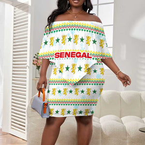 Senegal Christmas Off Shoulder Short Dress Golden Lion and Festive Stars Motif - African Pride