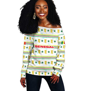 Senegal Christmas Off Shoulder Sweater Golden Lion and Festive Stars Motif - African Pride