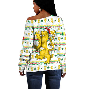 Senegal Christmas Off Shoulder Sweater Golden Lion and Festive Stars Motif - African Pride