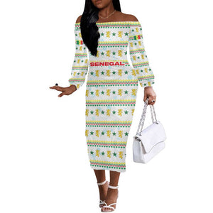 Senegal Christmas Off The Shoulder Long Sleeve Dress Golden Lion and Festive Stars Motif - African Pride