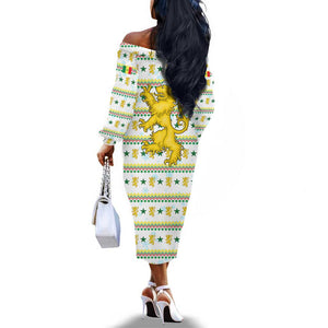Senegal Christmas Off The Shoulder Long Sleeve Dress Golden Lion and Festive Stars Motif - African Pride