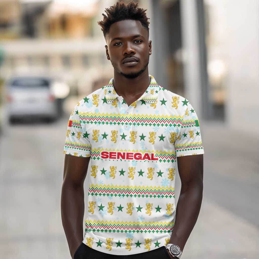 Senegal Christmas Polo Shirt Golden Lion and Festive Stars Motif - African Pride