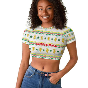 Senegal Christmas Raglan Cropped T shirt Golden Lion and Festive Stars Motif - African Pride