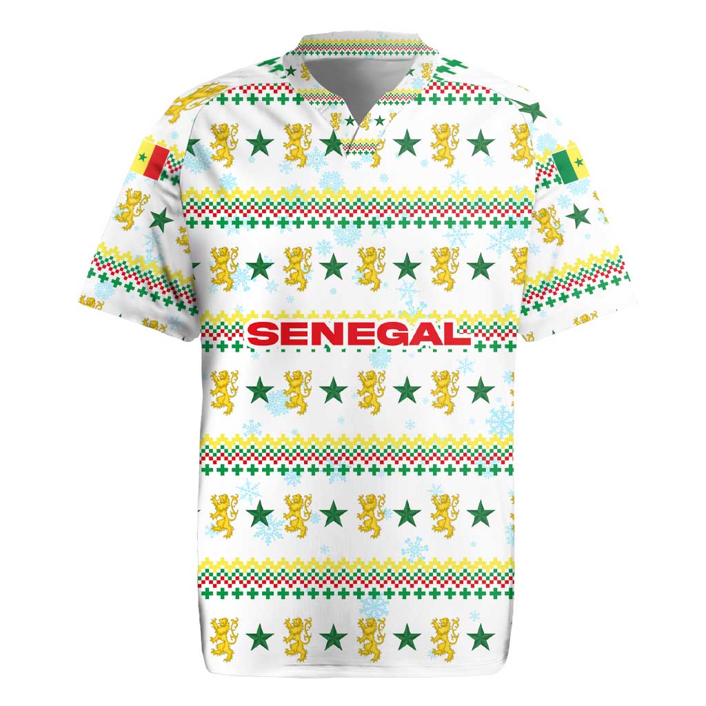 Senegal Christmas Rugby Jersey Golden Lion and Festive Stars Motif - African Pride