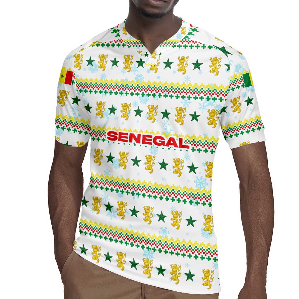 Senegal Christmas Rugby Jersey Golden Lion and Festive Stars Motif - African Pride