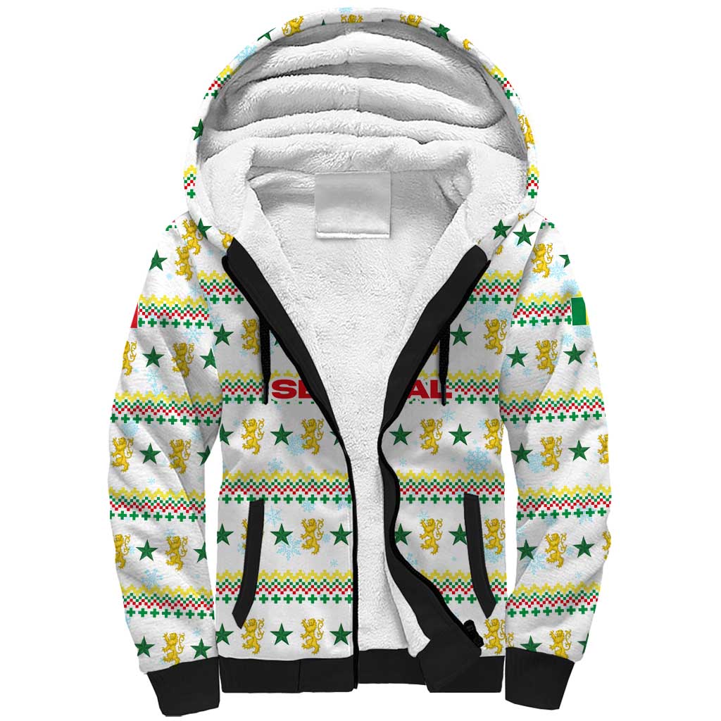 Senegal Christmas Sherpa Hoodie Golden Lion and Festive Stars Motif - African Pride