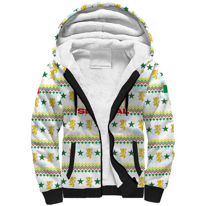 Senegal Christmas Sherpa Hoodie Golden Lion and Festive Stars Motif - African Pride