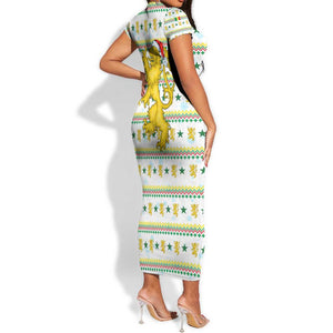 Senegal Christmas Short Sleeve Bodycon Dress Golden Lion and Festive Stars Motif - African Pride