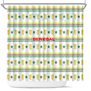 Senegal Christmas Shower Curtain Golden Lion and Festive Stars Motif - African Pride