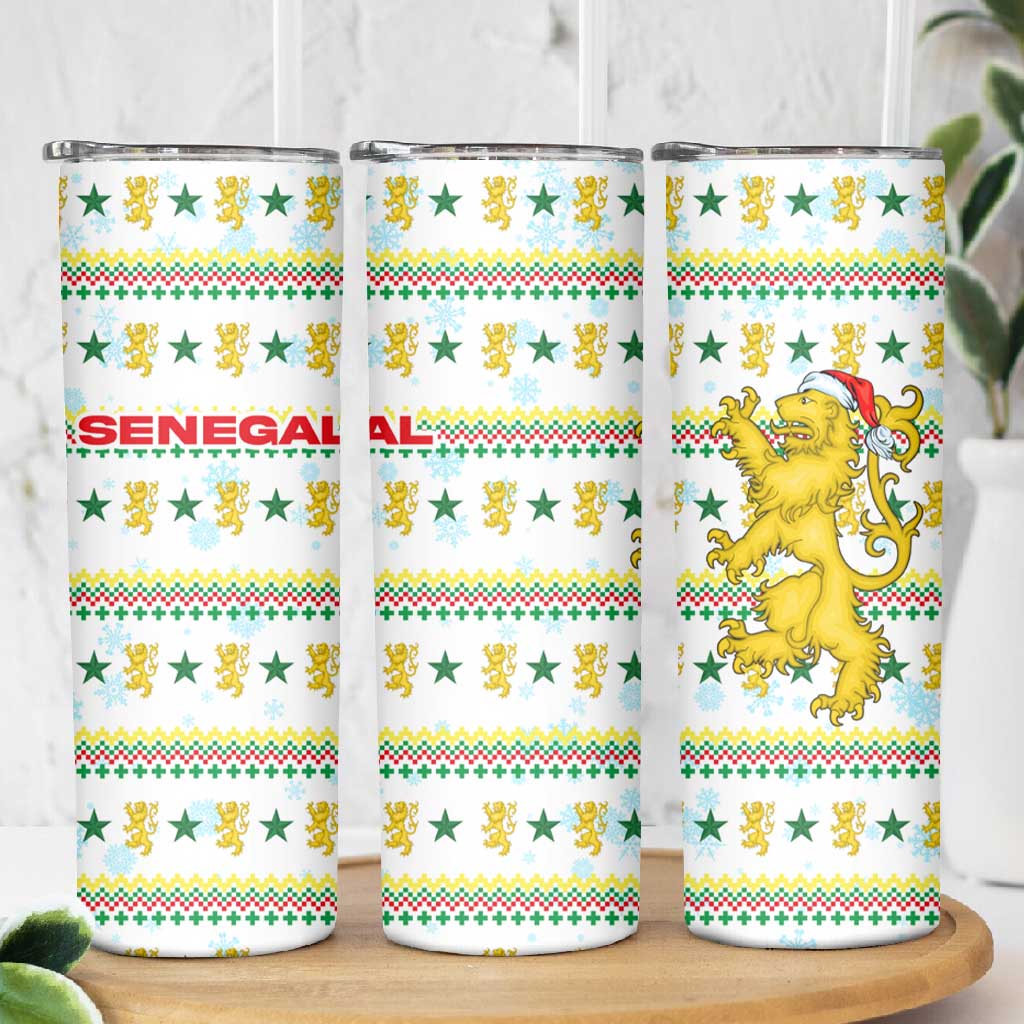 Senegal Christmas Skinny Tumbler Golden Lion and Festive Stars Motif - African Pride