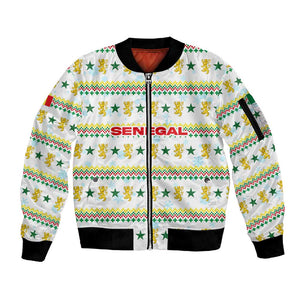 Senegal Christmas Sleeve Zip Bomber Jacket Golden Lion and Festive Stars Motif - African Pride