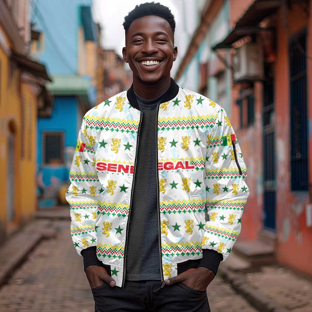 Senegal Christmas Sleeve Zip Bomber Jacket Golden Lion and Festive Stars Motif - African Pride