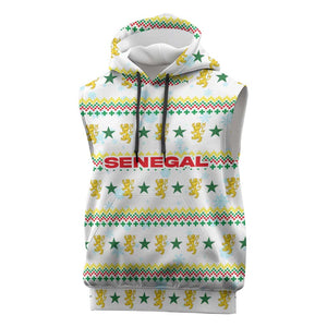 Senegal Christmas Sleeveless Hoodie Golden Lion and Festive Stars Motif - African Pride