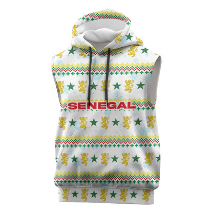 Senegal Christmas Sleeveless Hoodie Golden Lion and Festive Stars Motif - African Pride