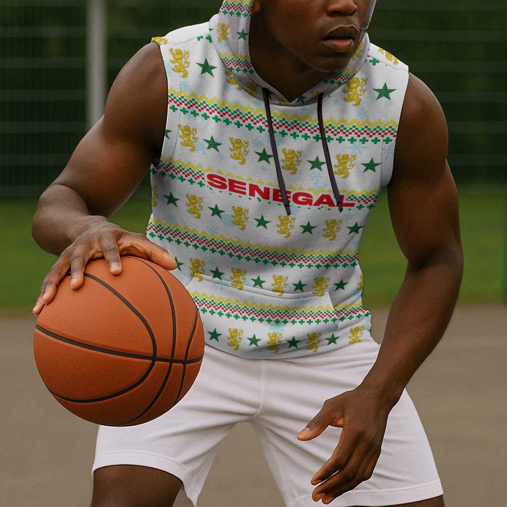 Senegal Christmas Sleeveless Hoodie Golden Lion and Festive Stars Motif - African Pride