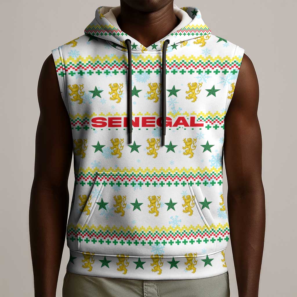 Senegal Christmas Sleeveless Hoodie Golden Lion and Festive Stars Motif - African Pride