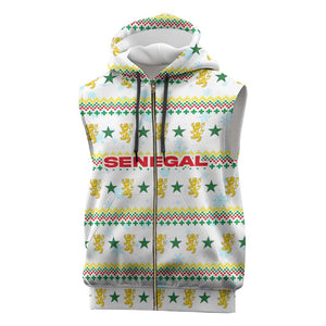 Senegal Christmas Sleeveless Zip Hoodie Golden Lion and Festive Stars Motif - African Pride