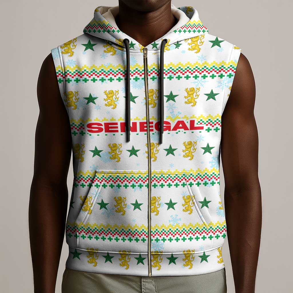 Senegal Christmas Sleeveless Zip Hoodie Golden Lion and Festive Stars Motif - African Pride