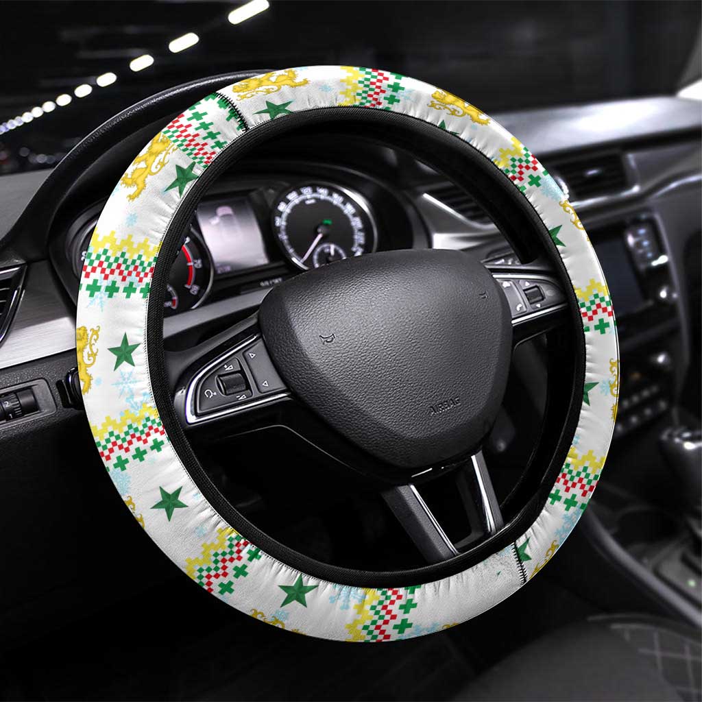 Senegal Christmas Steering Wheel Cover Golden Lion and Festive Stars Motif - African Pride
