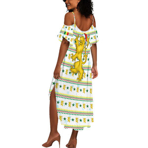 Senegal Christmas Summer Maxi Dress Golden Lion and Festive Stars Motif - African Pride