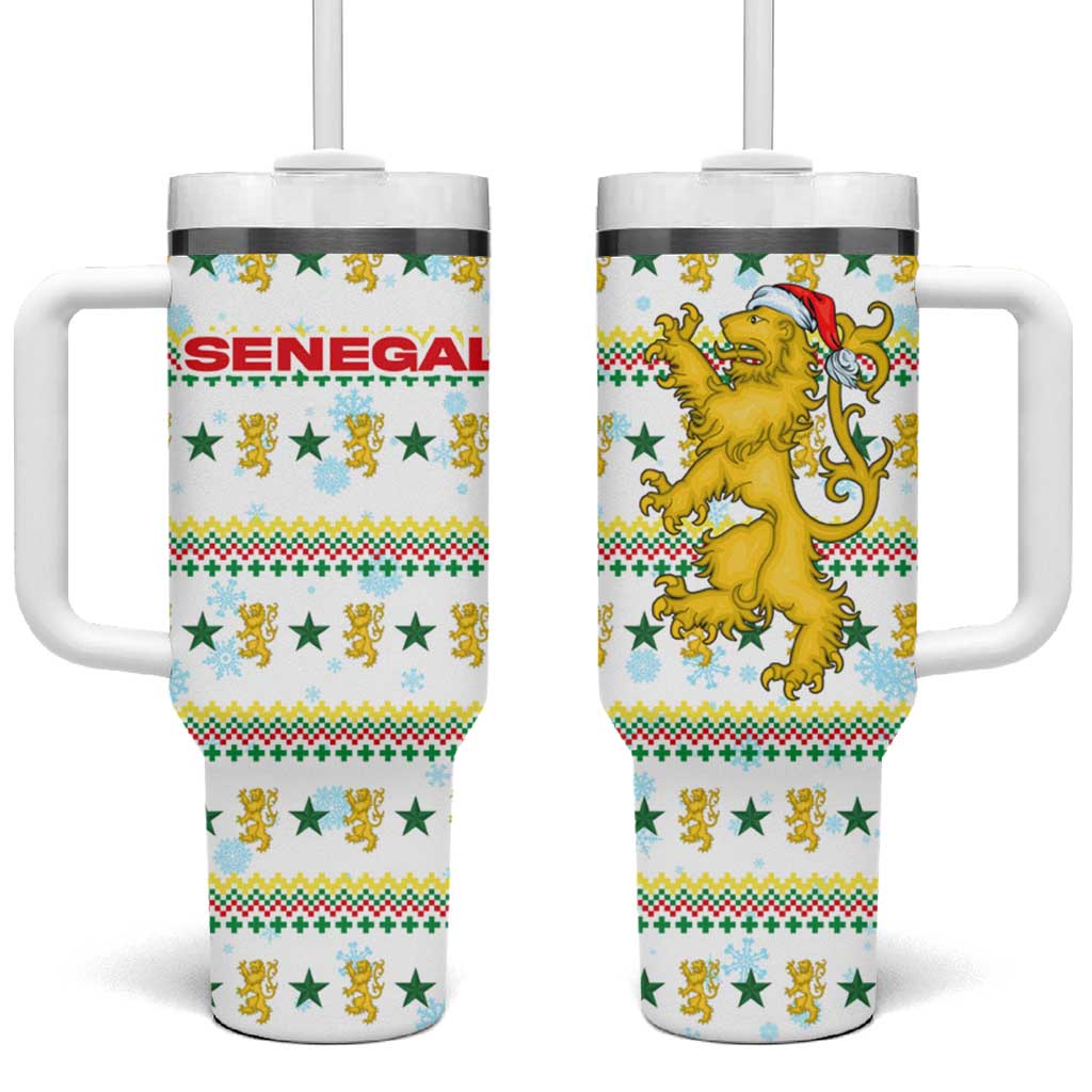 Senegal Christmas Tumbler With Handle Golden Lion and Festive Stars Motif - African Pride