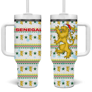Senegal Christmas Tumbler With Handle Golden Lion and Festive Stars Motif - African Pride