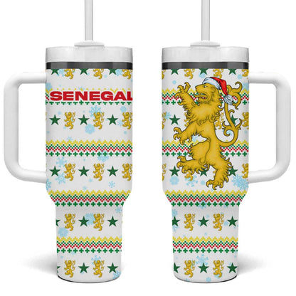 Senegal Christmas Tumbler With Handle Golden Lion and Festive Stars Motif - African Pride