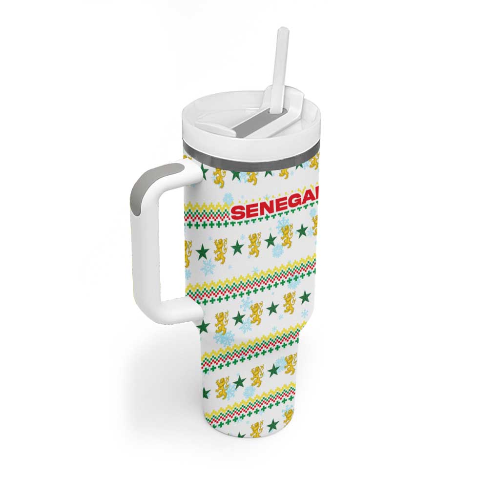 Senegal Christmas Tumbler With Handle Golden Lion and Festive Stars Motif - African Pride