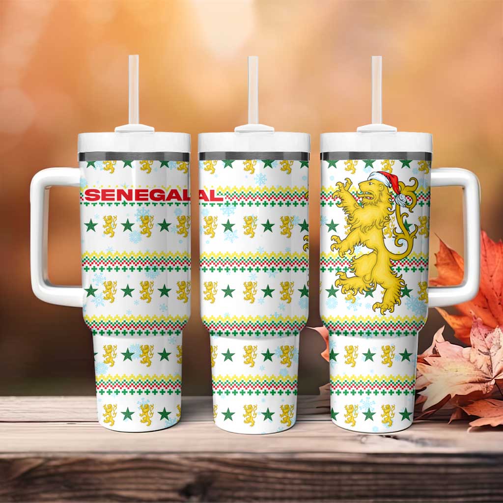 Senegal Christmas Tumbler With Handle Golden Lion and Festive Stars Motif - African Pride