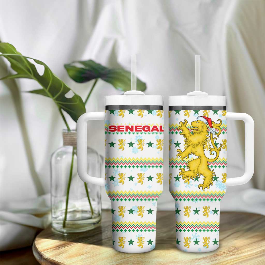 Senegal Christmas Tumbler With Handle Golden Lion and Festive Stars Motif - African Pride