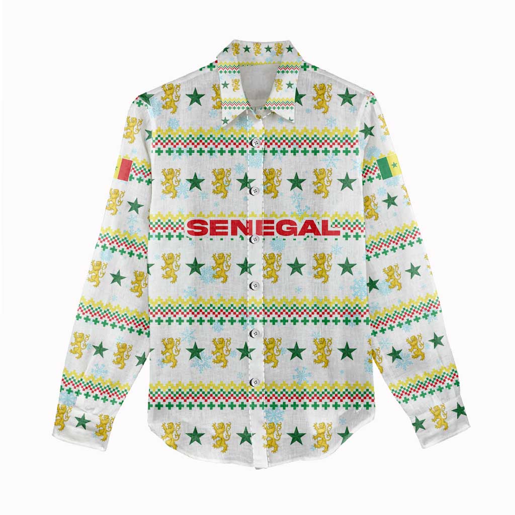 Senegal Christmas Women Casual Shirt Golden Lion and Festive Stars Motif - African Pride