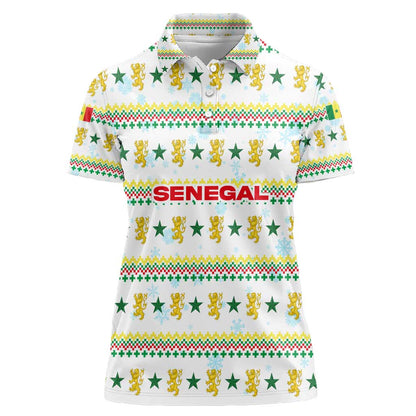 Senegal Christmas Women Polo Shirt Golden Lion and Festive Stars Motif - African Pride