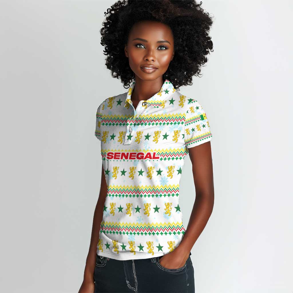 Senegal Christmas Women Polo Shirt Golden Lion and Festive Stars Motif - African Pride