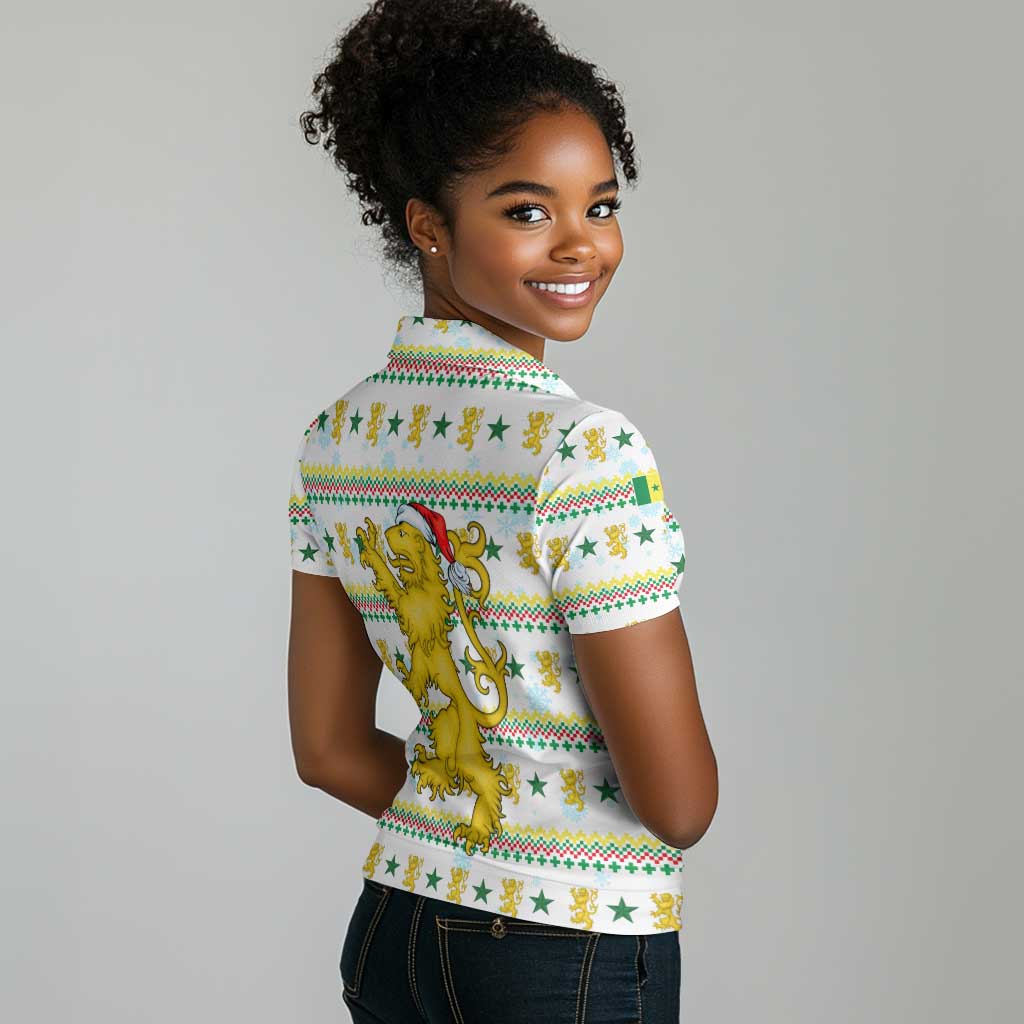 Senegal Christmas Women Polo Shirt Golden Lion and Festive Stars Motif - African Pride