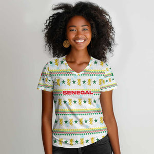 Senegal Christmas Women V-Neck T-Shirt Golden Lion and Festive Stars Motif - African Pride
