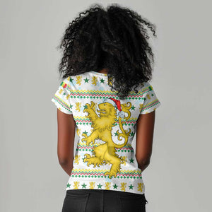 Senegal Christmas Women V-Neck T-Shirt Golden Lion and Festive Stars Motif - African Pride