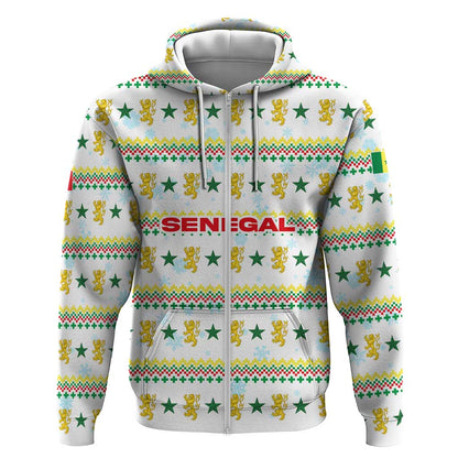 Senegal Christmas Zip Hoodie Golden Lion and Festive Stars Motif - African Pride