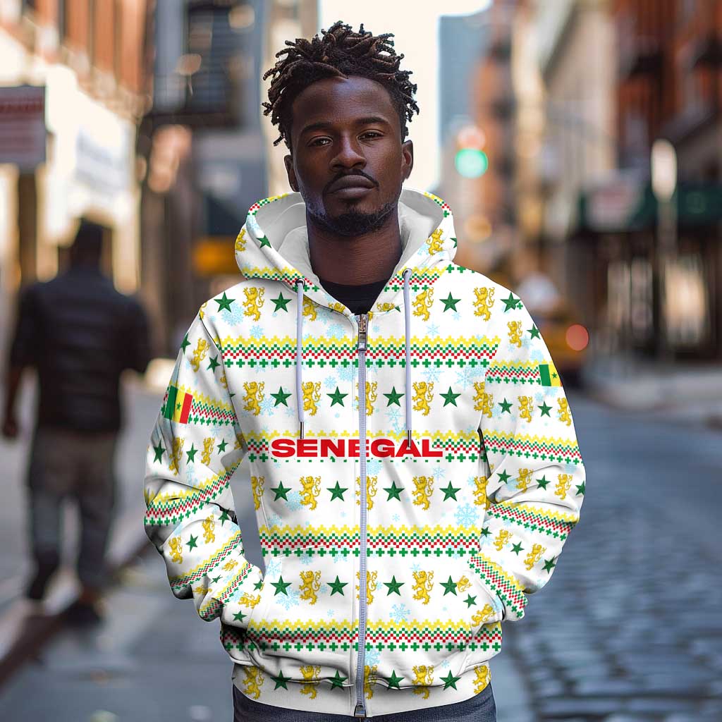 Senegal Christmas Zip Hoodie Golden Lion and Festive Stars Motif - African Pride